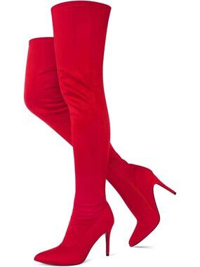 Women's Red Velvet Pointed Toe Side Zipper Stiletto Heeled Thigh High Boots